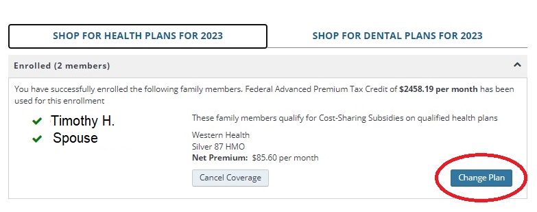 Highlight the Shop for Health Plan heading. The Change Plan button will show. Click on it to change plans.