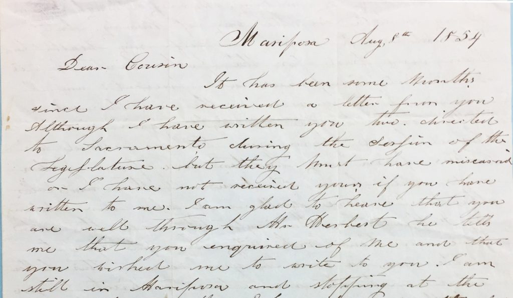 David Beach writes his cousin Amos Catlin in 1854 telling him he at Mormon Bar near Mariposa. He has a good gold claim, but his health is not great.
