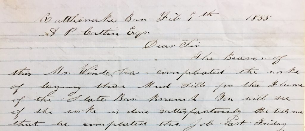 February 9, 1855. Beach writes Amos Catlin, now acting as the Superintendent of the North Fork Ditch, about construction progress of flumes at the Slate Bar branch.