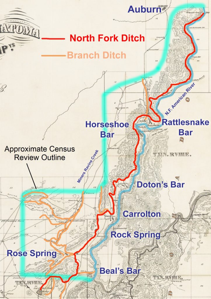 Red line indicates the North Fork Ditch from Auburn down to the Placer County line. Fuzzy aquamarine line was the general line of the service area of the North Fork Ditch and census review.