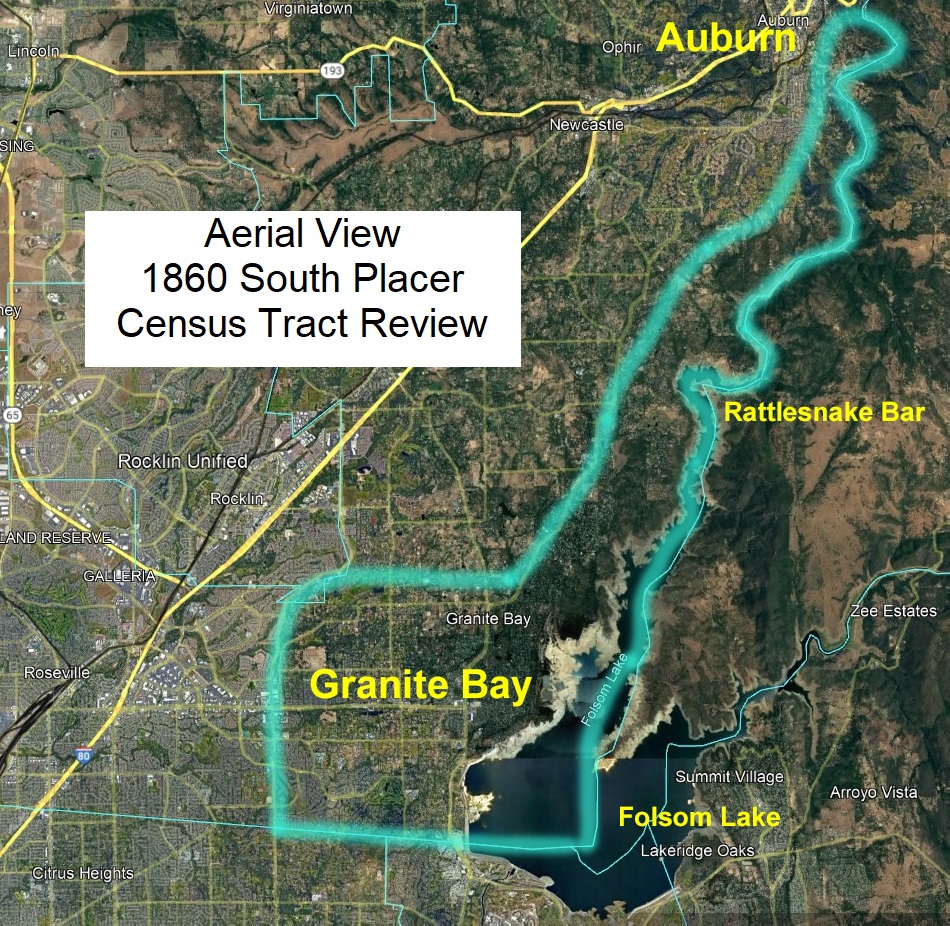 Google Earth view of the approximate outline of the 1860 census review that encompassed Granite Bay, Loomis, Newcastle and south Auburn.