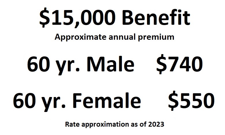 Simplified final expense approximate rates based on $15,000 death benefit, age 60, male and female.