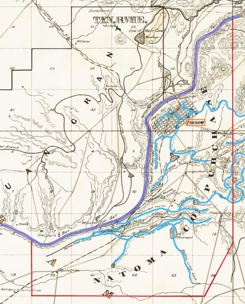 Map indicating the Natoma Company land ownership (red line) with in Granite Township. The land purchase did not include the railroad or the town of Folsom. The blue lines represent the Natoma system of water ditches across the property.
