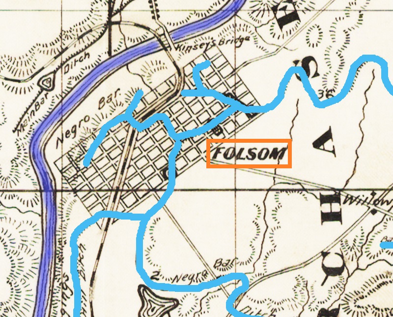 The town of Folsom was fortunate to have a network of water ditches, owned by the Natoma Water and Mining Company, that supplied water to residents, farmers, and miners in 1860. The blue lines indicate the water ditches.