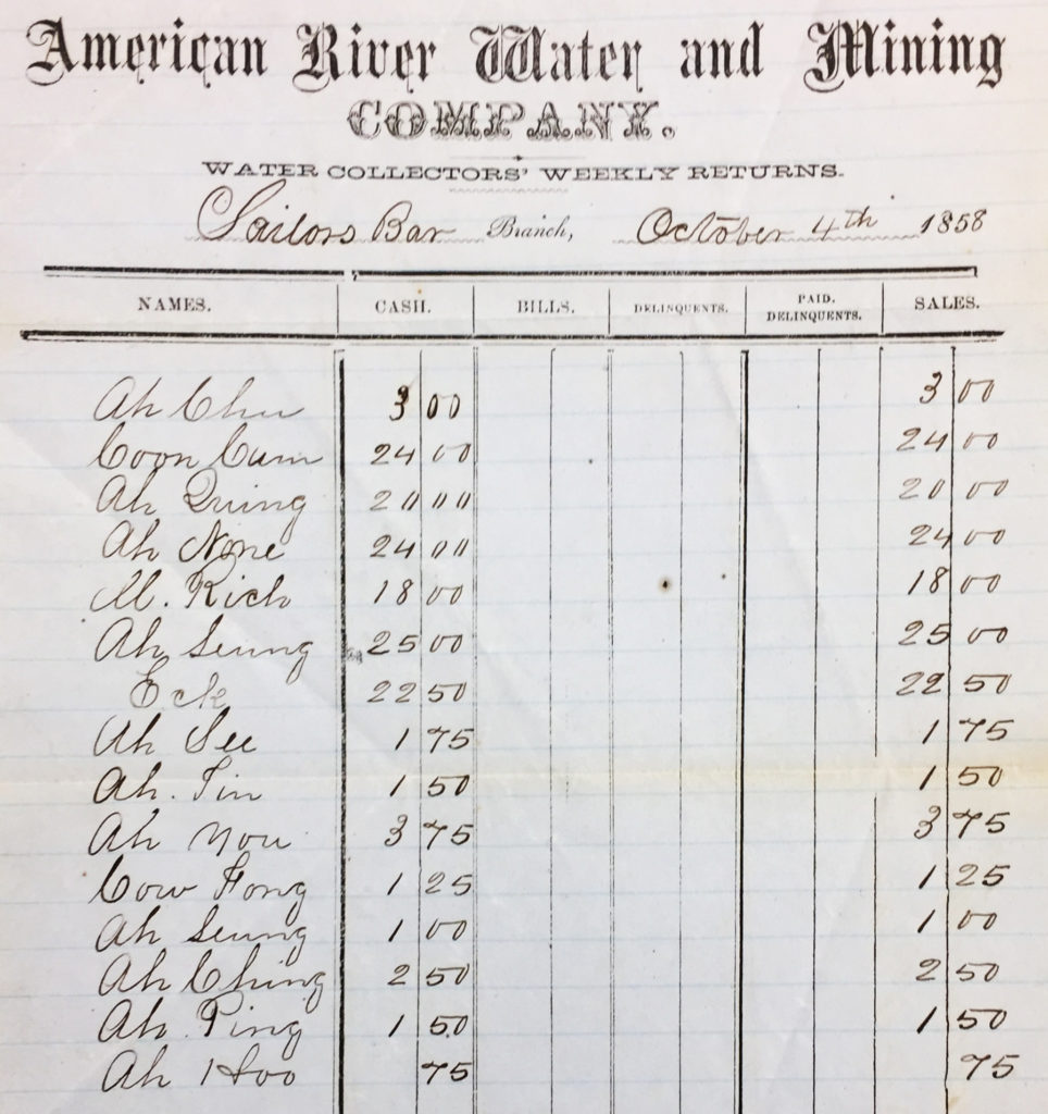 Chinese miners were customers of the ditch water from the Natoma Water and Mining Company. This water sales report is from the American River Water and Mining Company, operator of the North Fork Ditch, at Sailors Bar in Sacramento County, 1858.