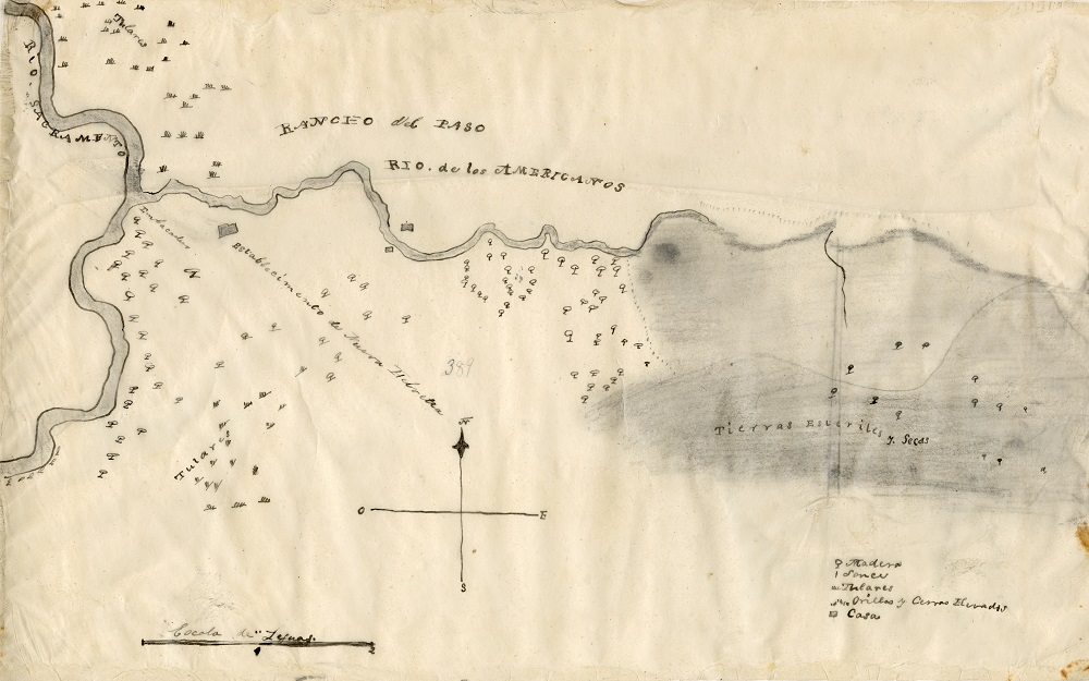1844 sketch map of the proposed Rio De Los Americanos land grant south of the American River, east of the Sutter land grant.