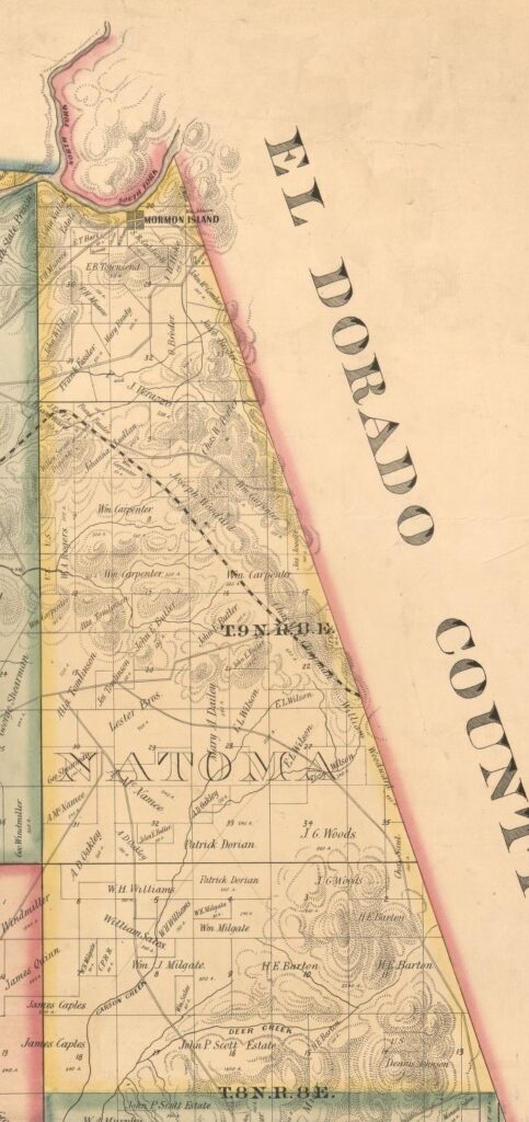Natoma Township bounded by the American River on the north, El Dorado County to the east, and wide open prairies in the south. 1885 map of Sacramento County.