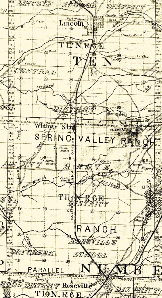 1887 Placer County map that illustrates the California Central RR from Roseville to Lincoln and the numerous creeks it crossed in 1859.