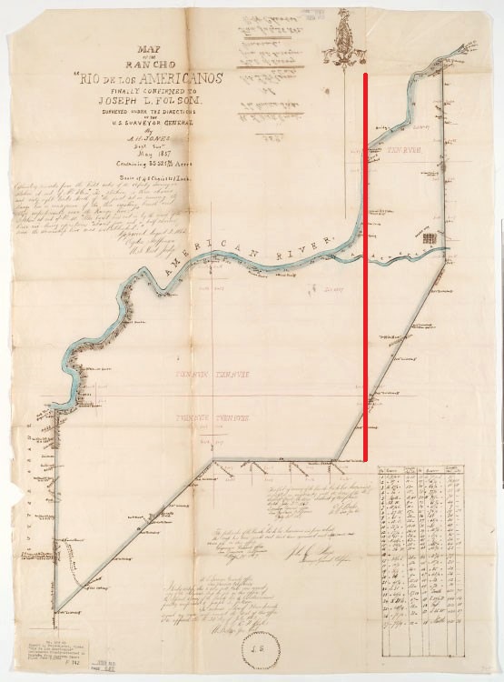 1856 Hay's survey of the Leidesdorff land grant. The red line represents the alternate proposal to have the eastern boundary align with where Alder Creek reached the American River.