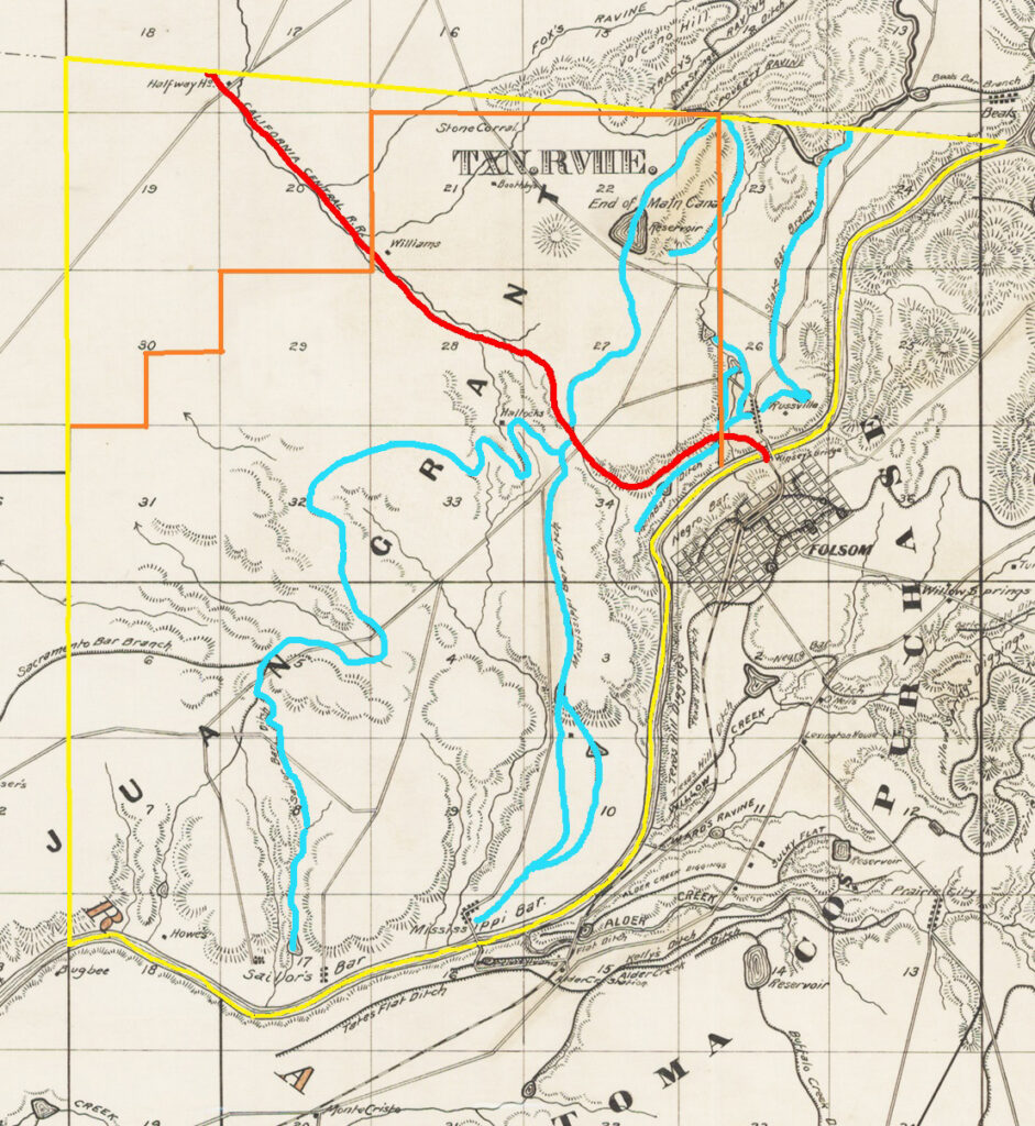 Mississippi Township of 1860 had the California Central Railroad (red) cutting across it towards Roseville and miles of water canals (blue.) Most of the township was part of the San Juan land grant (orange.)