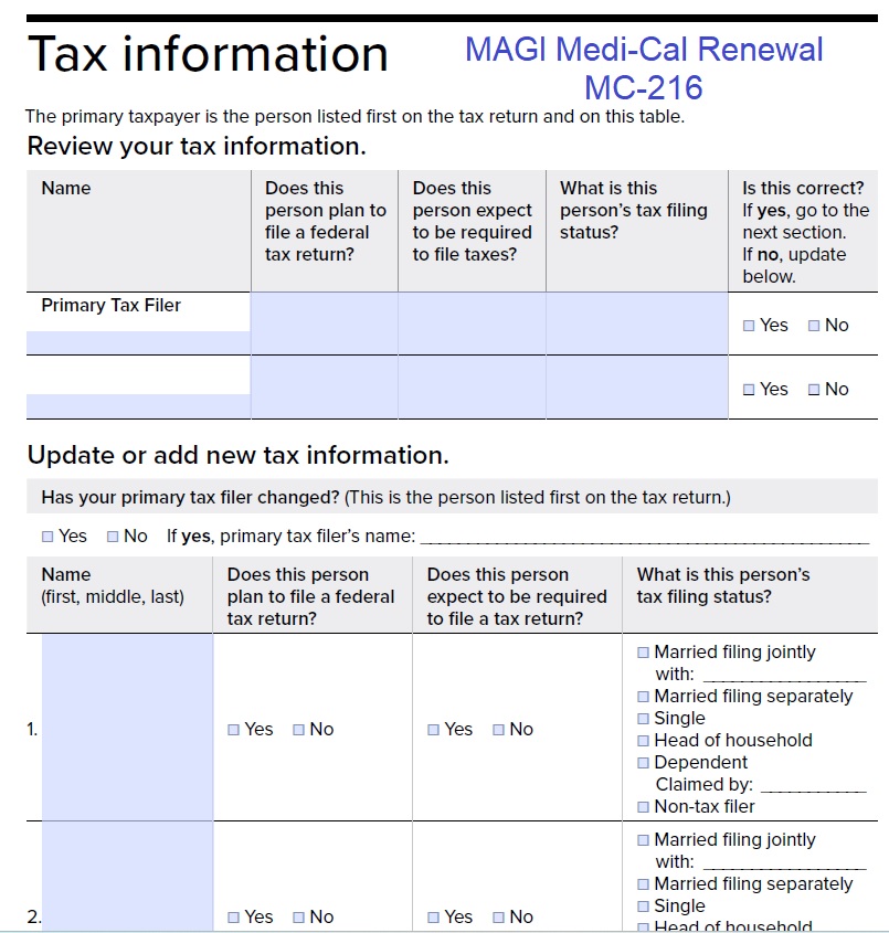 MC-216 is the annual renewal form for MAGI Medi-Cal beneficiaries.