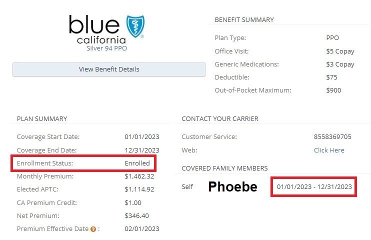 After an income update, Phoebe was enrolled into a Silver 94 plan through Covered California in January with no pending Medi-Cal alerts.