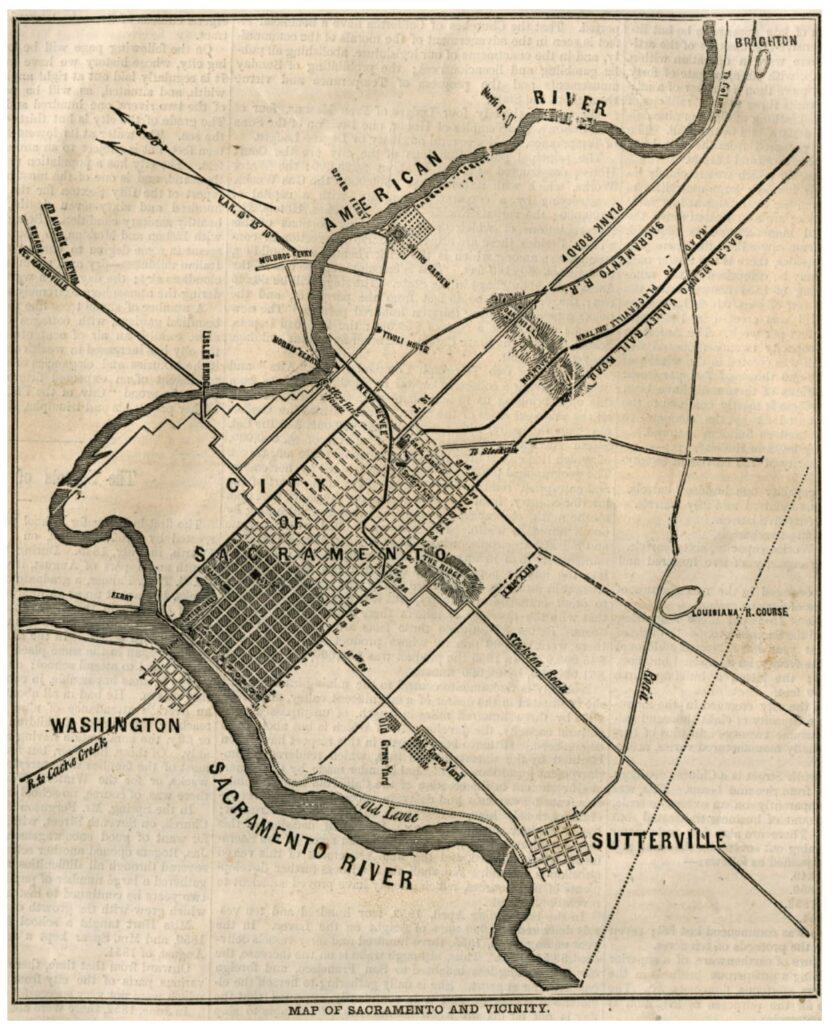 1855 map of Sacramento, Sutterville, Brighton, Washington.
