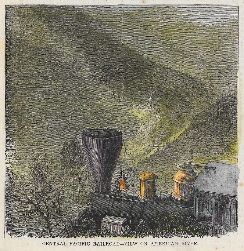Steam engine of the Central Pacific Railroad above the American River in the Sierra Nevada mountains, Harper's Weekly, December 7, 1867.