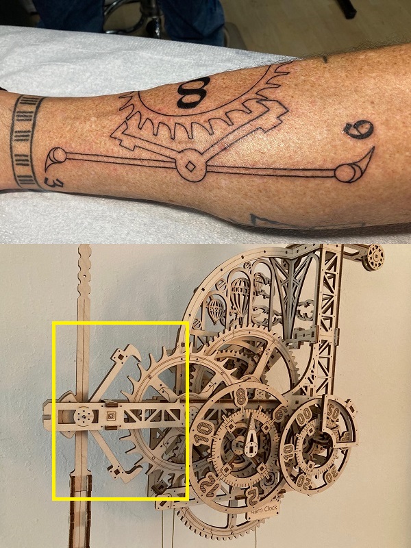 May 2023 tattoo based on a wooden clock kit escapement movement I put together.