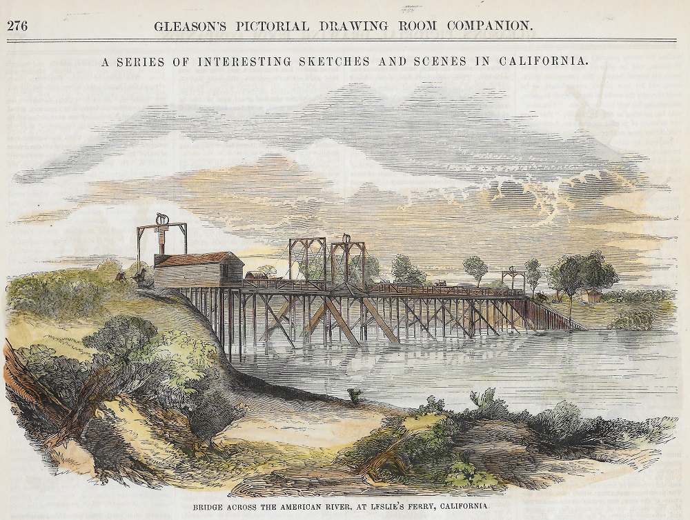 Illustration of Lisle's (Leslie's) bridge over the American River northeast of Sacramento, ca. 1853.