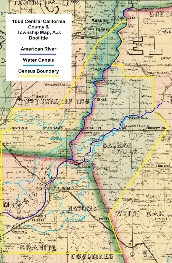 Lower American River mining region census map region under review. Yellow line indicates the boundary for analysis. Light blue lines are the water ditches that delivered water to the miners in the region in 1860.