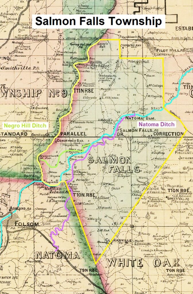 1868 map of the Salmon Falls township, boundaries outlined in yellow. South Fork of the American River in blue. Also noted are the Natoma Ditch and the predecessor of the Negro Hill Ditch.