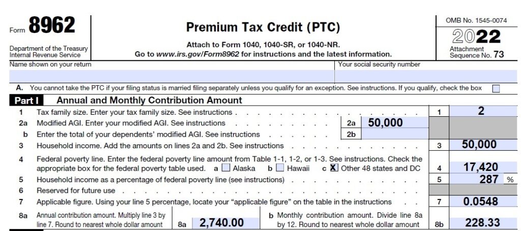 Part I of IRS form 8962 calculates the consumer responsibility based on income and a corresponding percentage, 5.48%. Covered California uses this formula to figure the Advance Premium Tax Credit monthly amount.