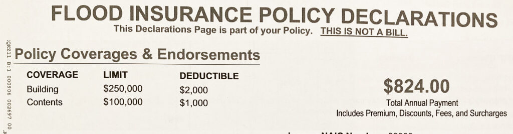 My flood insurance, annual premium of $824, has a $250,000 limit the replacement of my house. Health insurance has no limit.