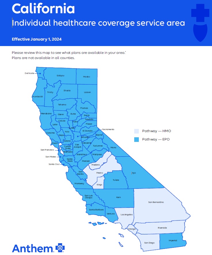 Anthem Blue Cross California coverage map for HMO and EPO plans in 2024.