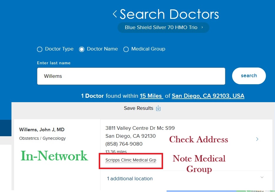 This doctor showed out-of-network on the Covered California page, but in-network on the carrier website. Make sure the address is correct.