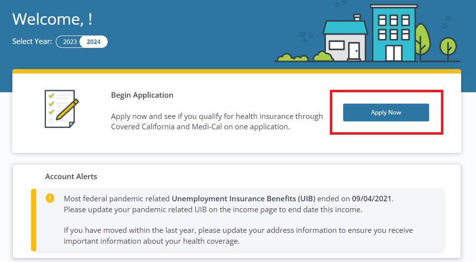 If your account was not renewed, the Covered California home page will show 2024 and Apply Now, even though you are enrolled for 2023.