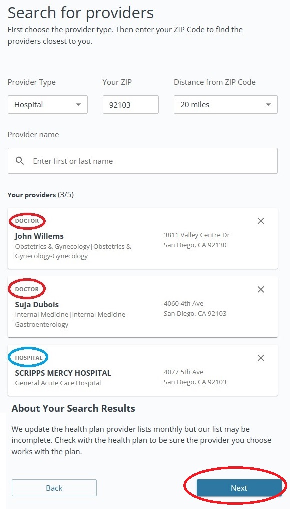 The provider search page will show you all the doctors and hospital it will use for the results.