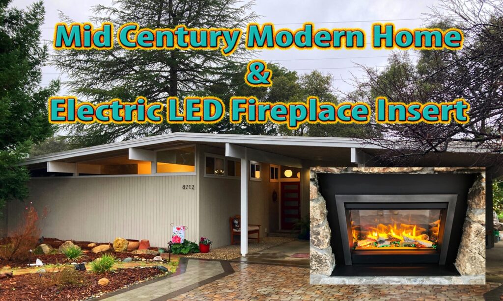 Electric fireplace insert replaces old gas log insert in an old mid-century modern home.