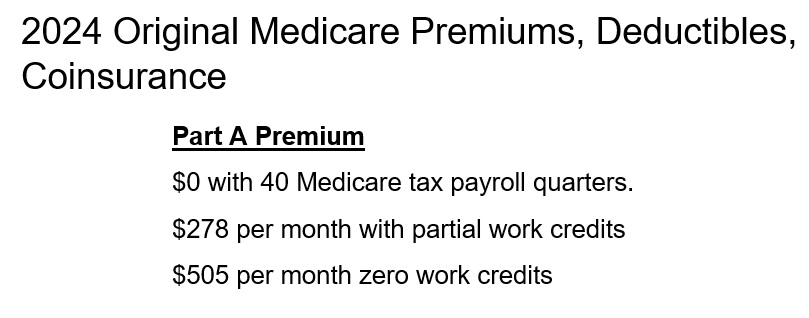 2024 Part A premiums based on an individual's work history. Some people can use their spouse's work history to receive $0 premium Part A.