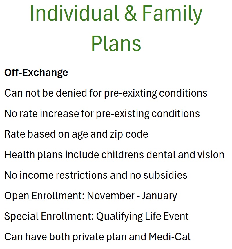 Off-exchange individual and family plan health insurance.