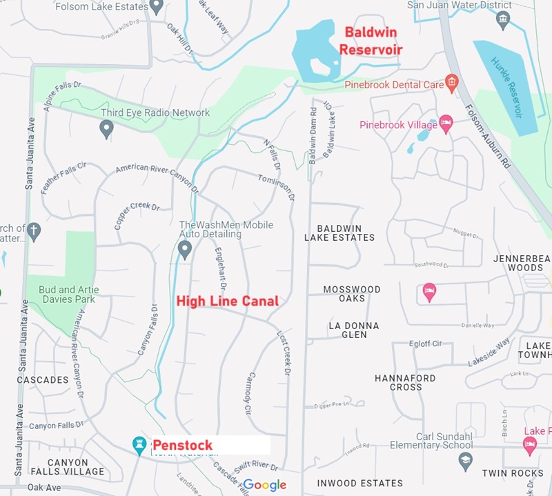 Google map showing the Baldwin Reservoir and high line canal that led down to the Penstock pond where the water was distributed to Fair Oaks, Orangevale, and Citrus Heights.