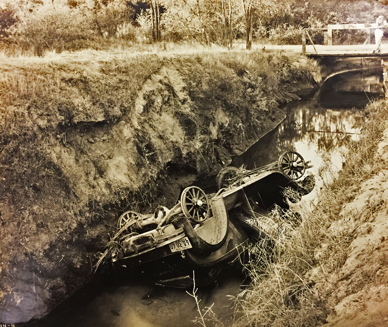 1938 car falls into a water canal of the North Fork Ditch that served Orangevale. One of the issues Loring K. Jordan had to deal with.