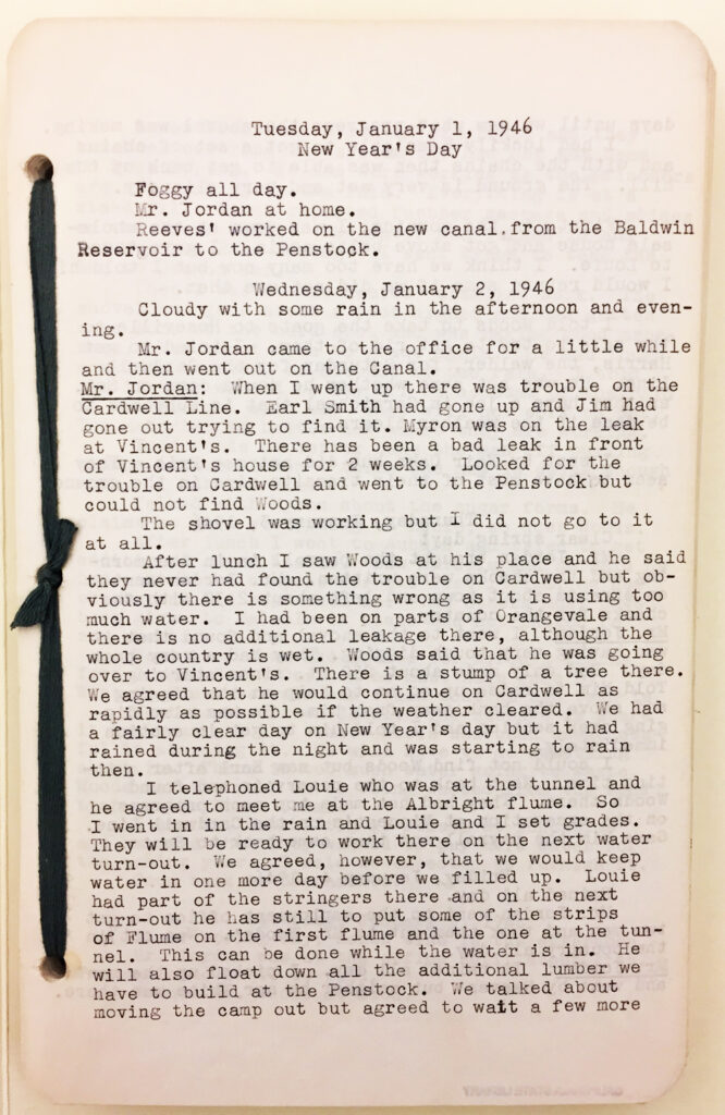 Journal of Loring K. Jordan, General Manager of the North Fork Ditch Co., covering 1946 and 1947.