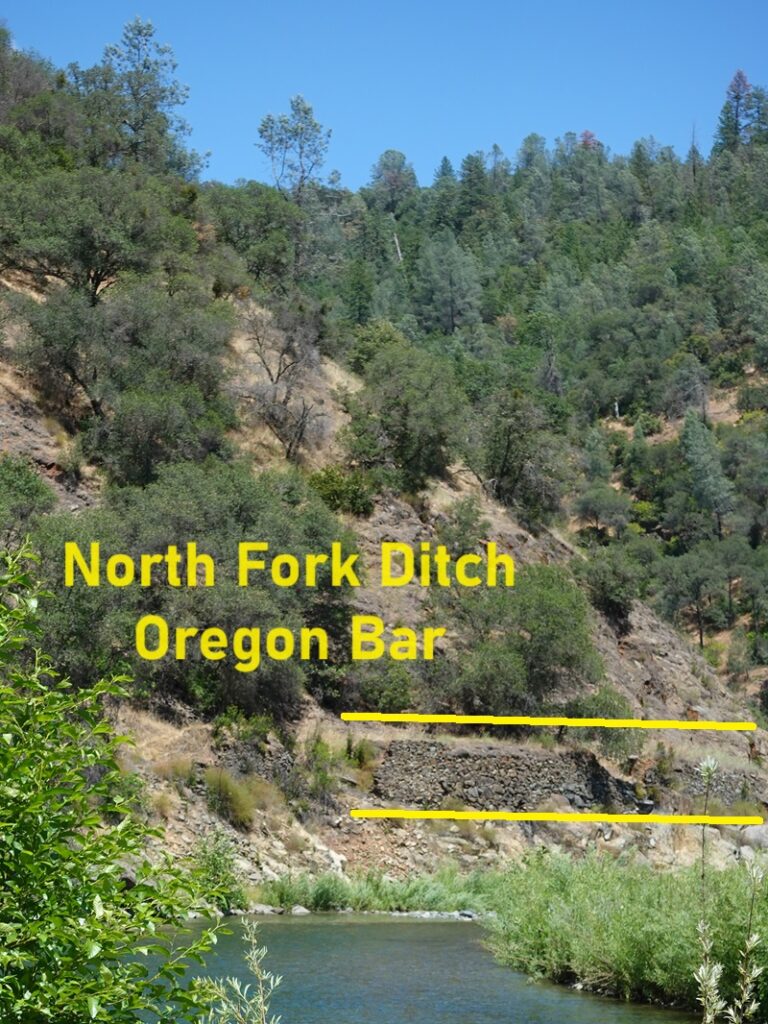 North Fork Ditch above Oregon Bar showing steep slope of the river canyon.