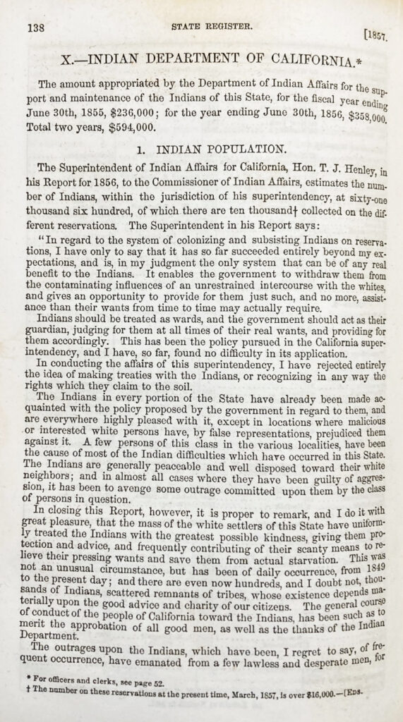 California Indian Department report of Superintendent, page 138, California Register, 1857.