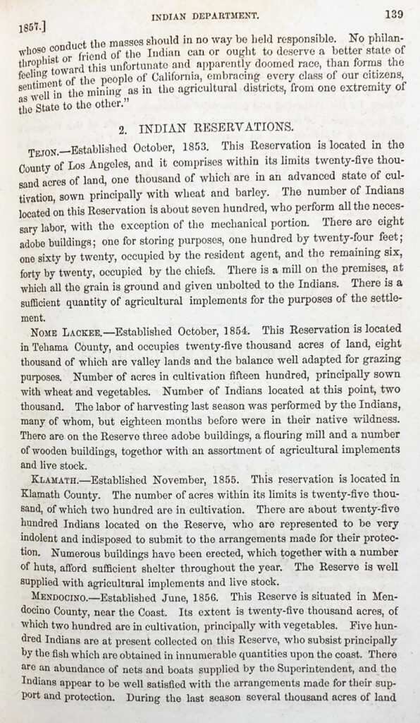 California Indian Department report on reservations, page 139, California Register, 1857.