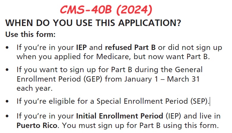 CMS-40B application for Medicare Part B.
