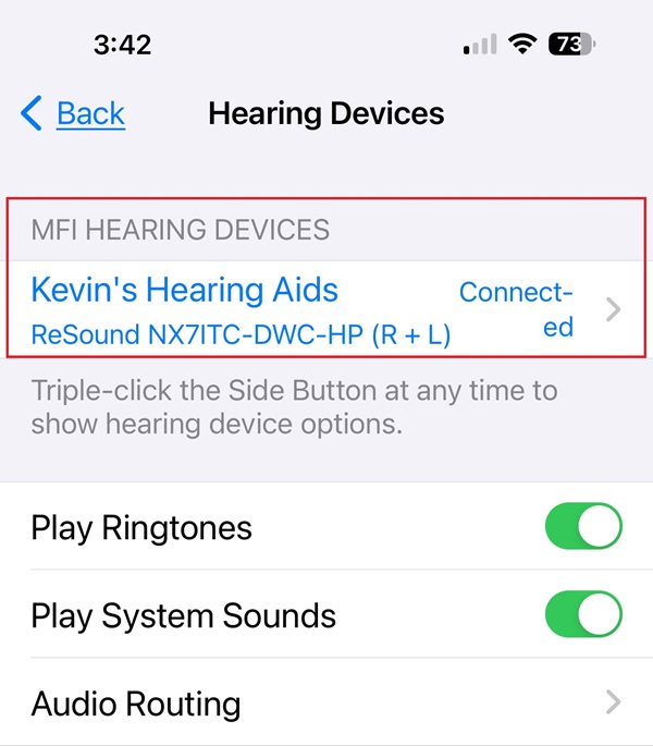 ReSound Nexia Hearing Aid device recognized by Apple phone MFi program.