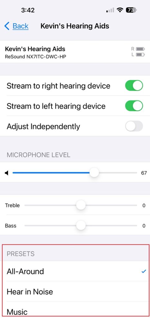 ReSound Nexia hearing aids can be controlled through the Apple iPhone MFi settings.