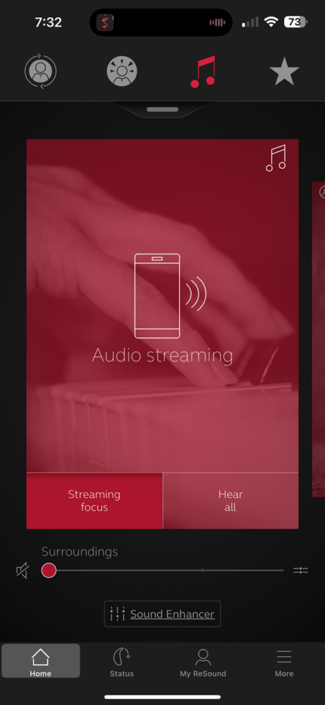 ReSound preset Audio Stream program with micro settings of Streaming Focus or Hear All.