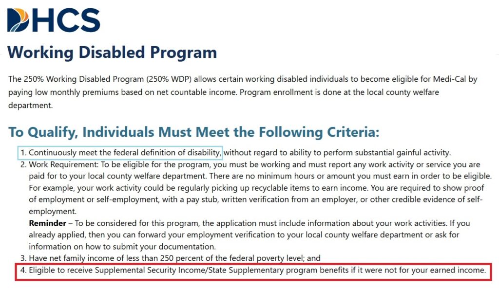 The 250% Working Disabled Program hinges on the person's eligibility for Supplemental Security Income.