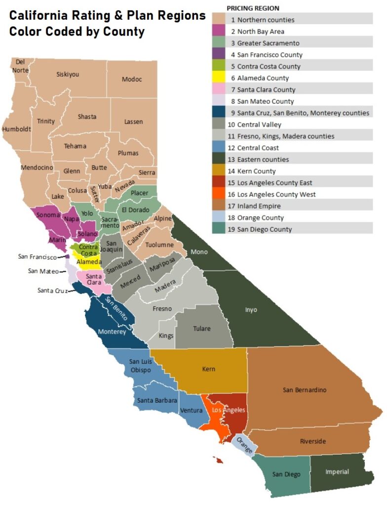 California is broken into 19 different rating regions. The exact same health plan from the same company will have different rates based on the rating region.