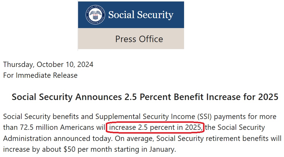 Social Security will increase retirement and SSI payments by 2.5% in 2025.