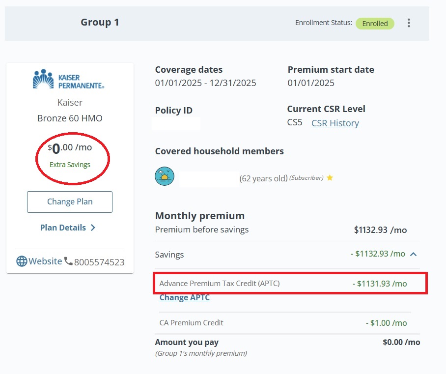 If you are eligible for the health insurance subsidy, there will be amount next to the APTC line.