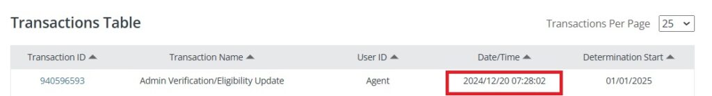 Under the Transaction Table, you should see the event and date of your tax filing attestation.