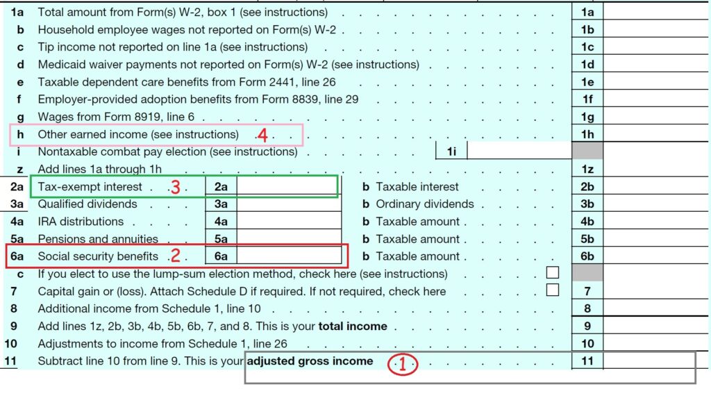 Form 1040 lines where modified adjusted gross income is located.