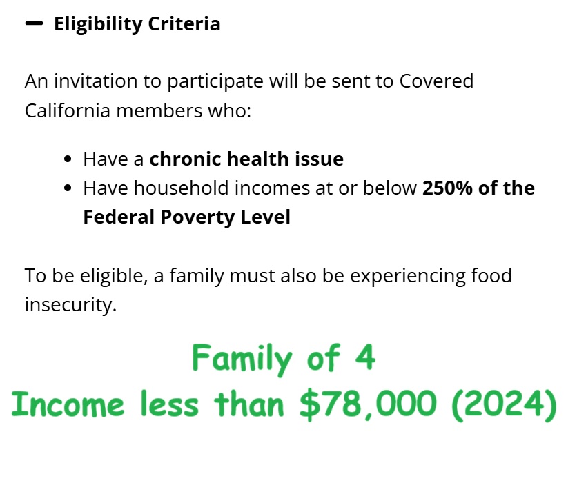 A family of four, with income under $78,000, may qualify for the Covered California grocery debit card.