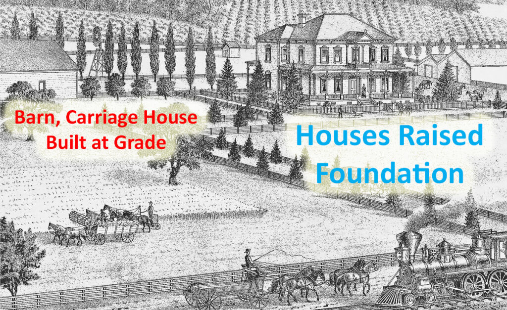 Barns, stables, and carriage houses were built at grade. Houses were raised similar to structures that were built next to railroad for freight transfers.