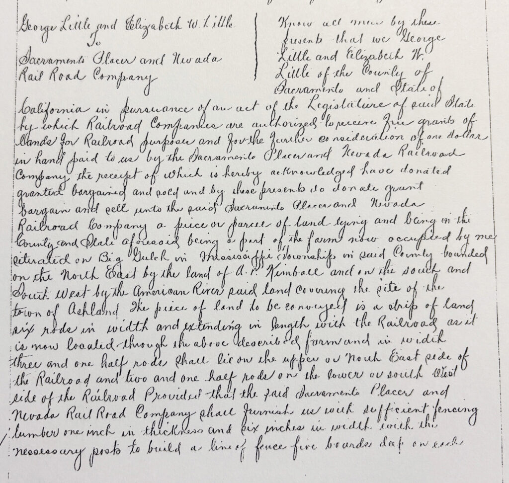 November 1861 grant deed from George and Elizabeth Little to the Sacramento, Placer and Nevada Railroad across their property.